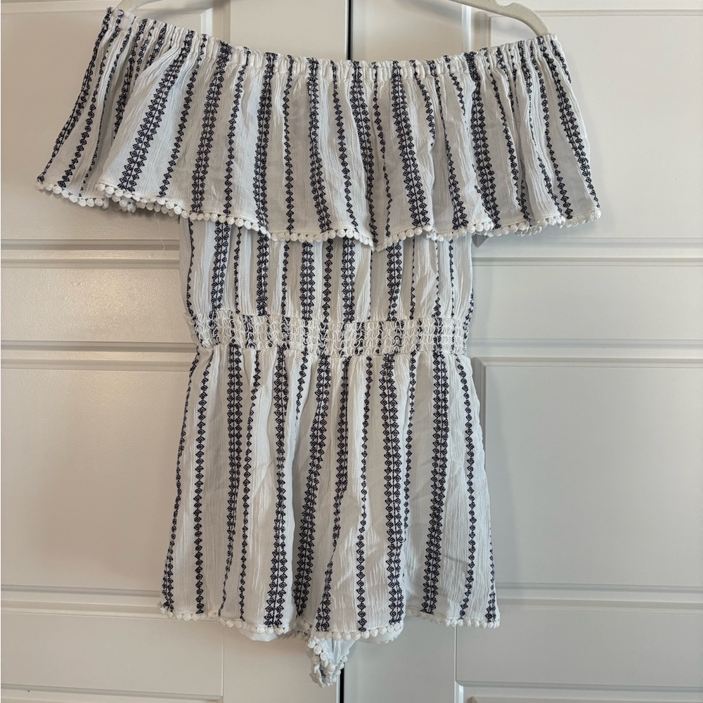 Lulu's White and Blue Striped Jumpsuit with Ruffled Top
